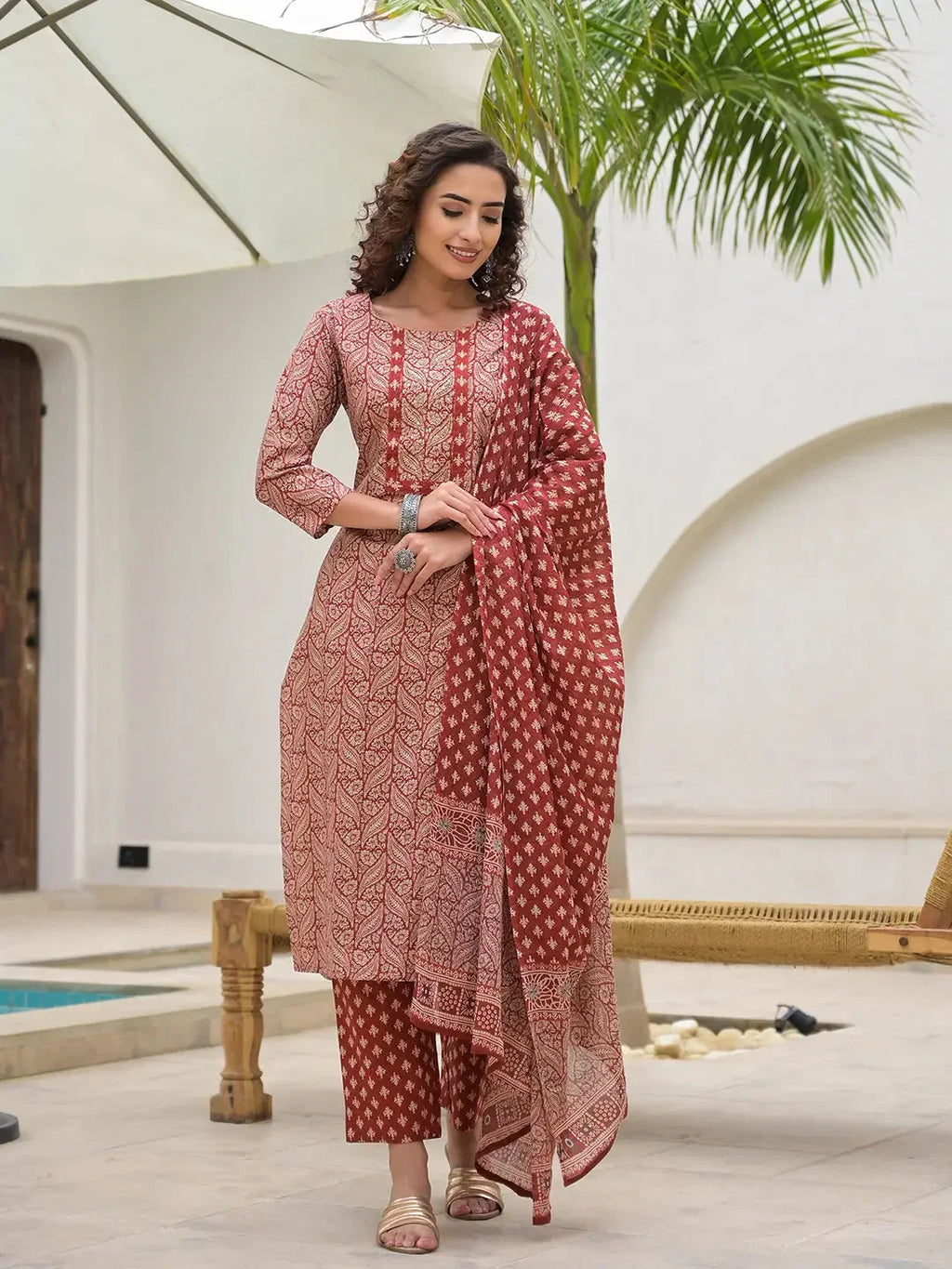 Yufta Yufta Embroidered Printed Maroon Cotton Kurta Set With Dupatta Set | Grocsy