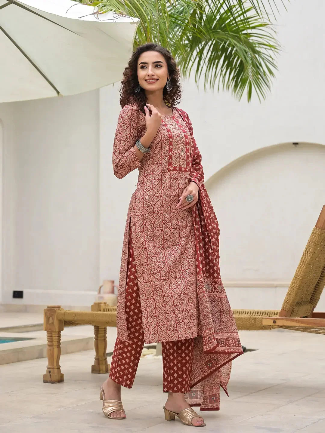 Yufta Yufta Embroidered Printed Maroon Cotton Kurta Set With Dupatta Set | Grocsy