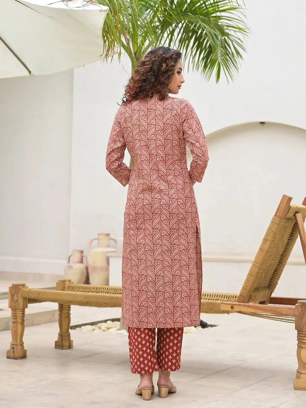 Yufta Yufta Embroidered Printed Maroon Cotton Kurta Set With Dupatta Set | Grocsy