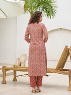 Yufta Yufta Embroidered Printed Maroon Cotton Kurta Set With Dupatta Set | Grocsy