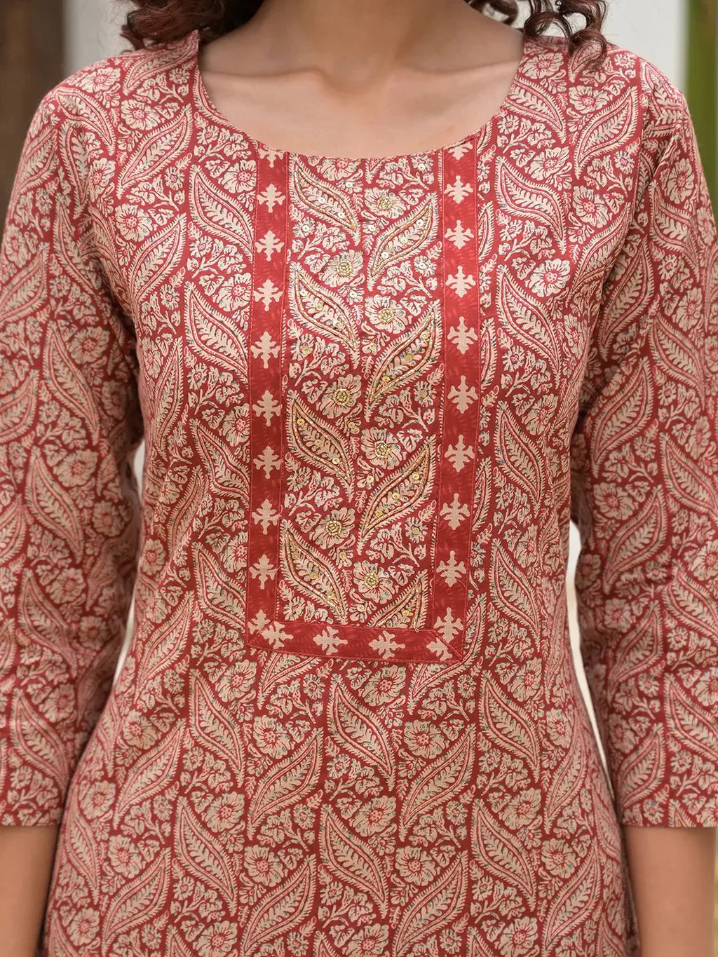 Yufta Yufta Embroidered Printed Maroon Cotton Kurta Set With Dupatta Set | Grocsy