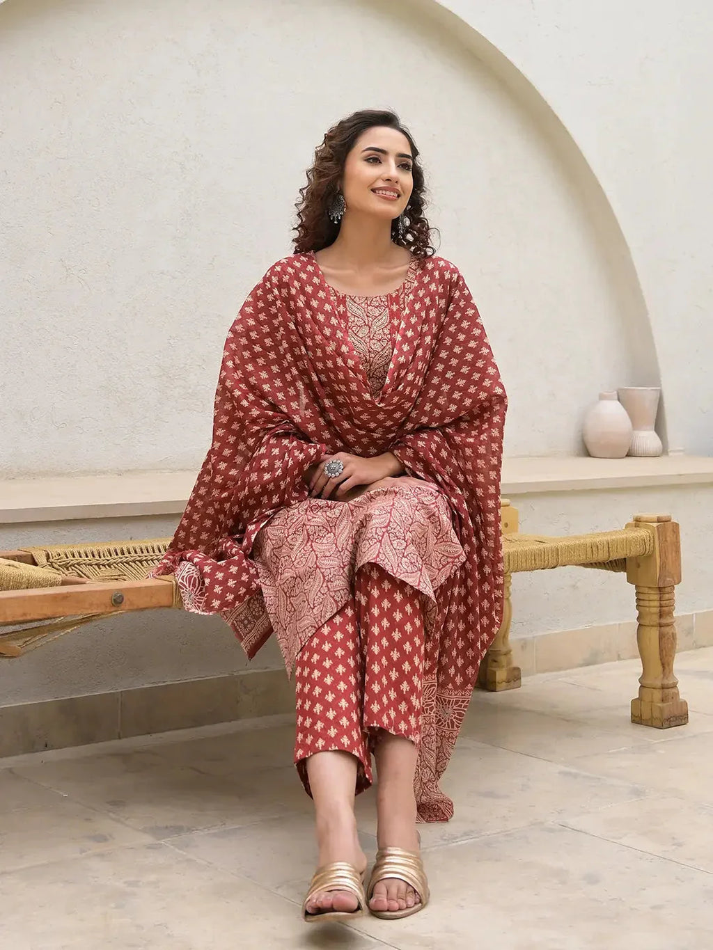 Yufta Yufta Embroidered Printed Maroon Cotton Kurta Set With Dupatta Set | Grocsy