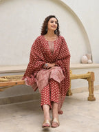 Yufta Yufta Embroidered Printed Maroon Cotton Kurta Set With Dupatta Set | Grocsy