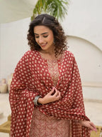 Yufta Yufta Embroidered Printed Maroon Cotton Kurta Set With Dupatta Set | Grocsy