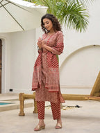 Yufta Yufta Embroidered Printed Maroon Cotton Kurta Set With Dupatta Set | Grocsy