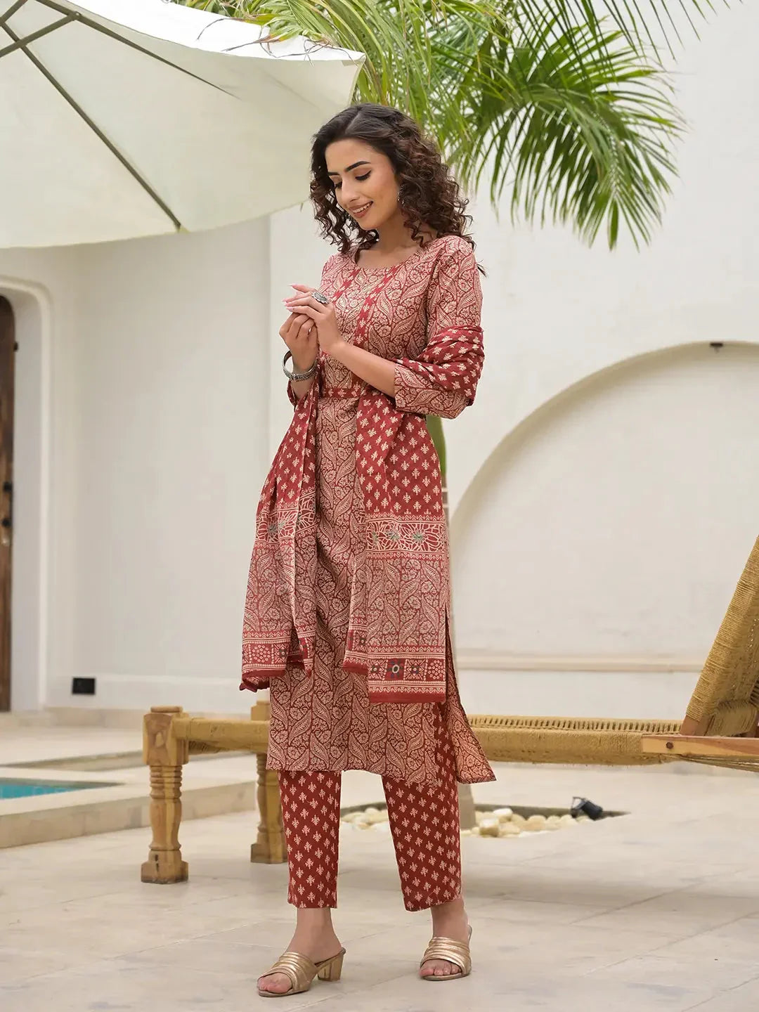 Yufta Yufta Embroidered Printed Maroon Cotton Kurta Set With Dupatta Set | Grocsy