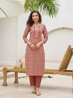 Yufta Yufta Embroidered Printed Maroon Cotton Kurta Set With Dupatta Set | Grocsy