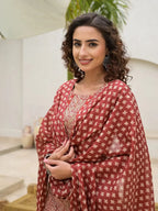Yufta Yufta Embroidered Printed Maroon Cotton Kurta Set With Dupatta Set | Grocsy