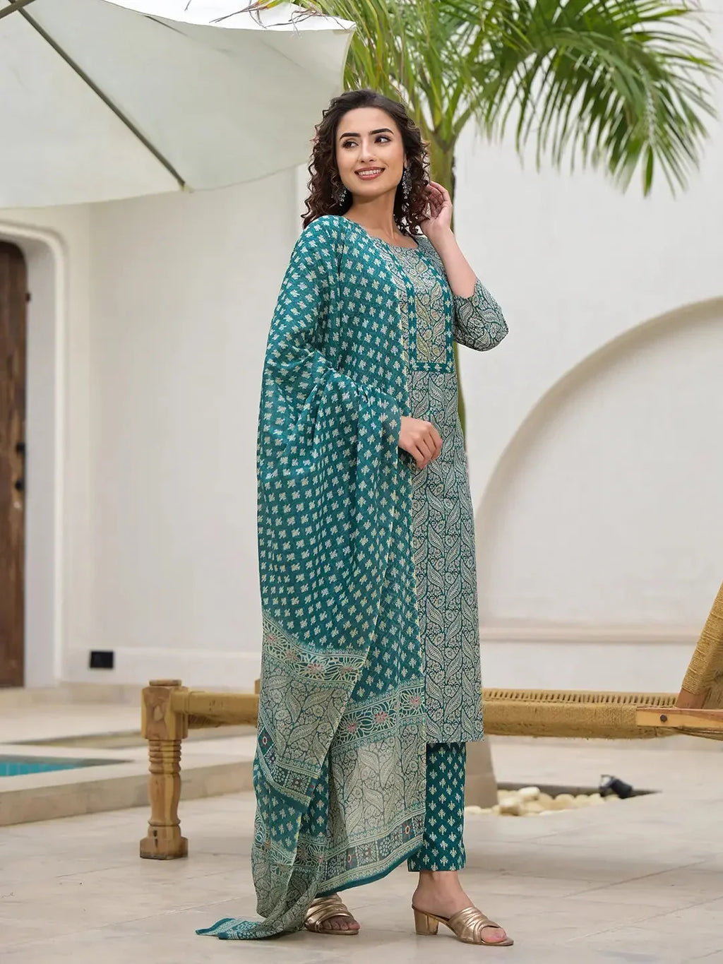 Yufta Yufta Embroidered Printed Teal Green Cotton Kurta Set With Dupatta Set | Grocsy