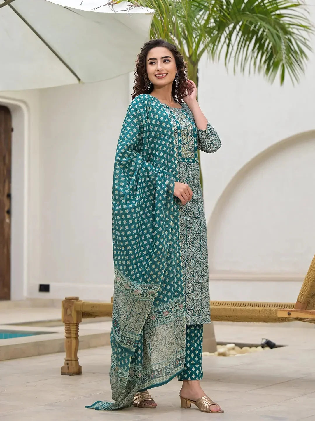 Yufta Yufta Embroidered Printed Teal Green Cotton Kurta Set With Dupatta Set | Grocsy