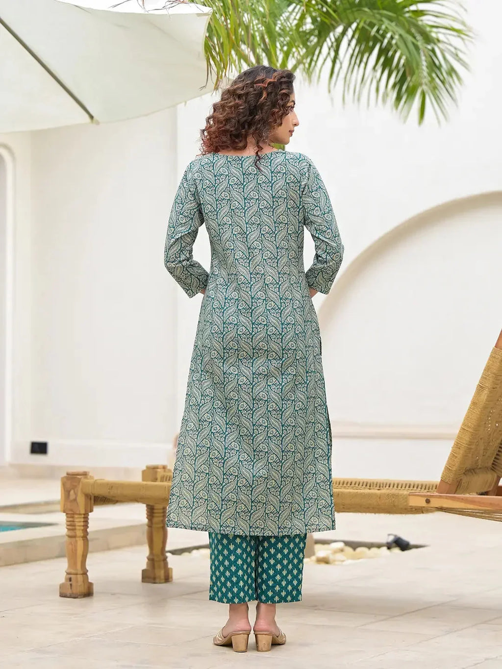 Yufta Yufta Embroidered Printed Teal Green Cotton Kurta Set With Dupatta Set | Grocsy