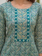 Yufta Yufta Embroidered Printed Teal Green Cotton Kurta Set With Dupatta Set | Grocsy