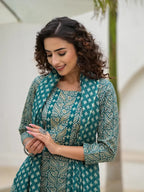 Yufta Yufta Embroidered Printed Teal Green Cotton Kurta Set With Dupatta Set | Grocsy