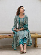 Yufta Yufta Embroidered Printed Teal Green Cotton Kurta Set With Dupatta Set | Grocsy