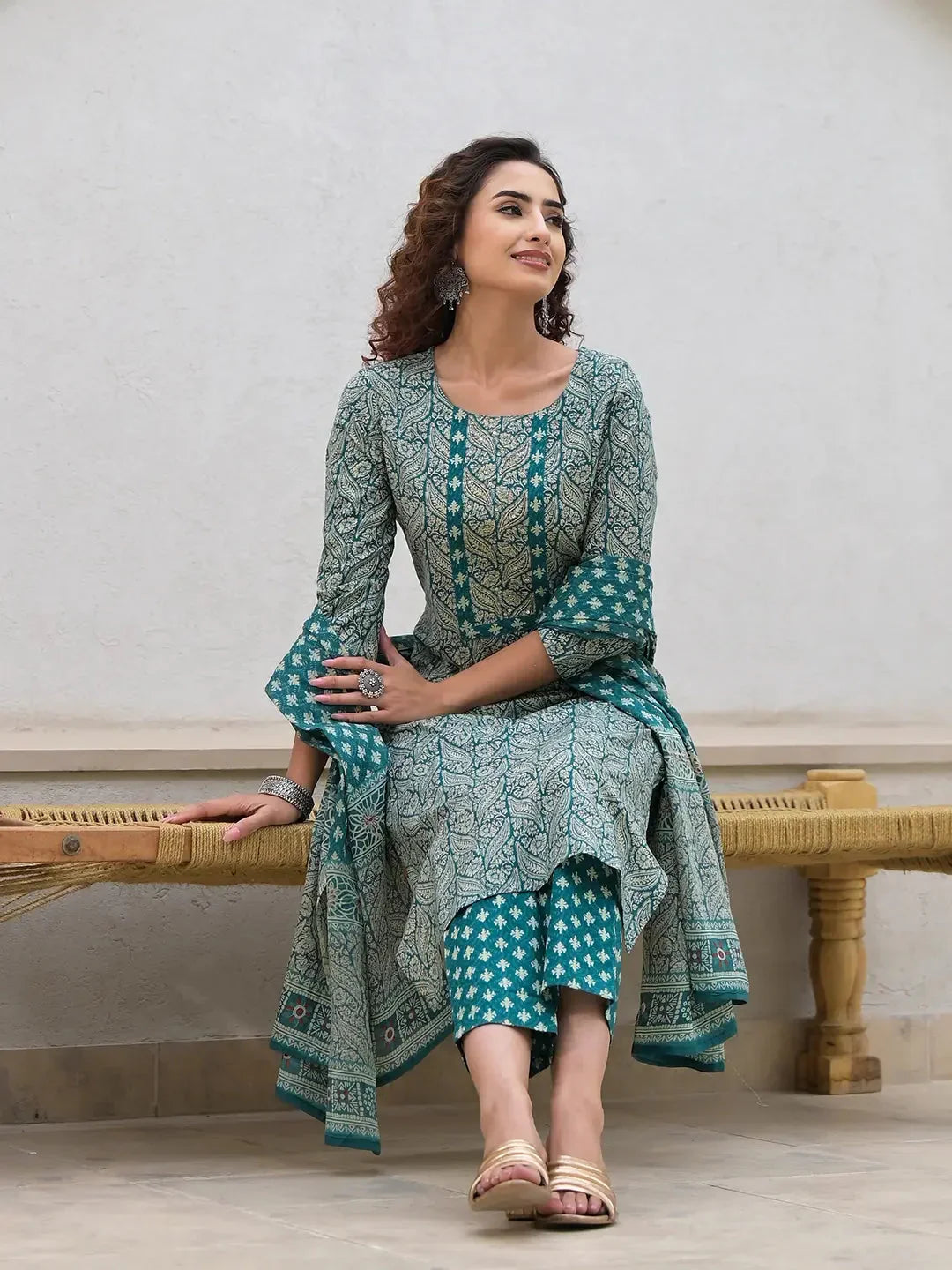 Yufta Yufta Embroidered Printed Teal Green Cotton Kurta Set With Dupatta Set | Grocsy