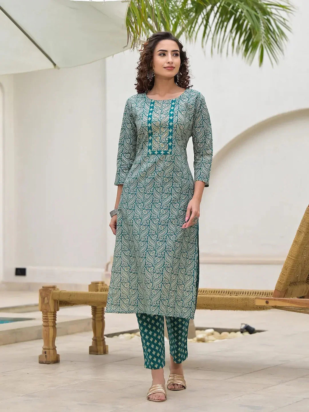 Yufta Yufta Embroidered Printed Teal Green Cotton Kurta Set With Dupatta Set | Grocsy