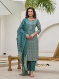 Yufta Yufta Embroidered Printed Teal Green Cotton Kurta Set With Dupatta Set | Grocsy