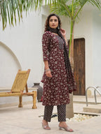 Yufta Yufta Piping On Yoke Floral Print Maroon Cotton Kurta Set With Dupatta Set | Grocsy