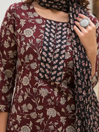 Yufta Yufta Piping On Yoke Floral Print Maroon Cotton Kurta Set With Dupatta Set | Grocsy