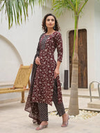 Yufta Yufta Piping On Yoke Floral Print Maroon Cotton Kurta Set With Dupatta Set | Grocsy