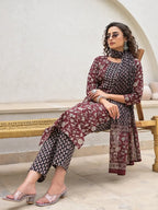 Yufta Yufta Piping On Yoke Floral Print Maroon Cotton Kurta Set With Dupatta Set | Grocsy