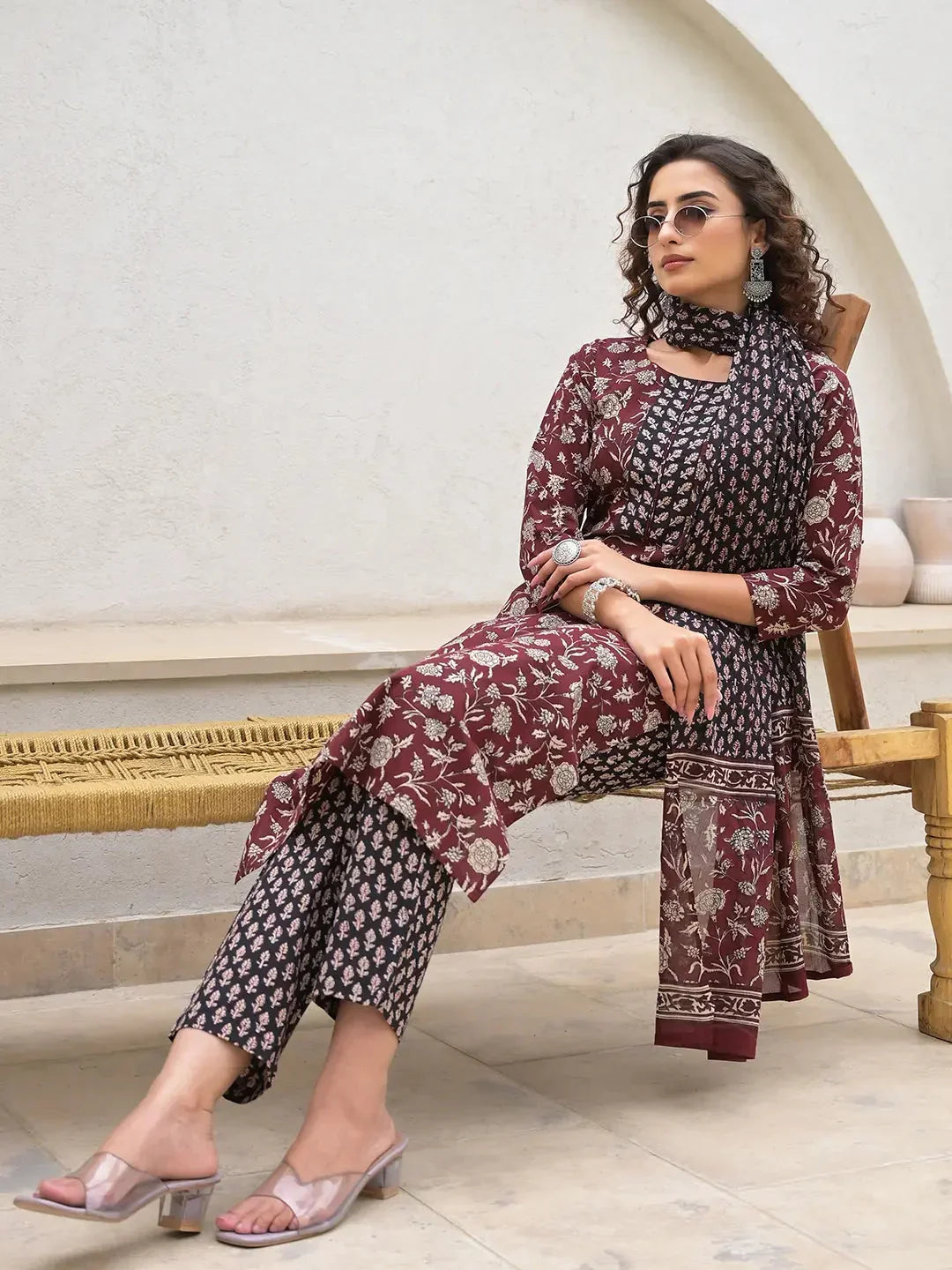 Yufta Yufta Piping On Yoke Floral Print Maroon Cotton Kurta Set With Dupatta Set | Grocsy