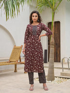 Yufta Yufta Piping On Yoke Floral Print Maroon Cotton Kurta Set With Dupatta Set | Grocsy
