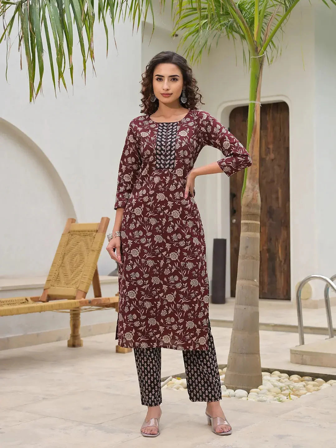 Yufta Yufta Piping On Yoke Floral Print Maroon Cotton Kurta Set With Dupatta Set | Grocsy