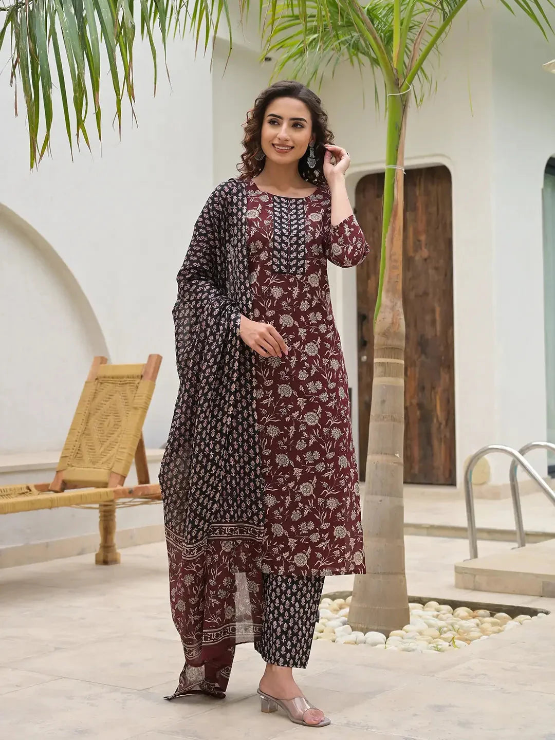 Yufta Yufta Piping On Yoke Floral Print Maroon Cotton Kurta Set With Dupatta Set | Grocsy