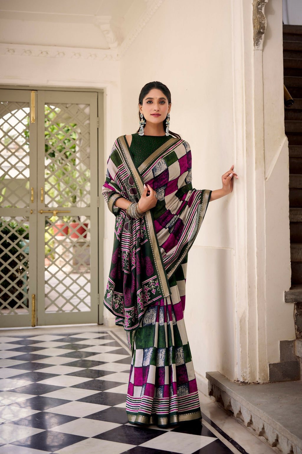 Vastranavya Green Viscose Chanderi Printed with Temple Border Saree & Unstitched Blouse | Grocsy