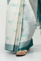 Mominos Fashion Moeza White & Sea Green Bhagalpuri Handloom Ikat Pure Cotton Saree with unstitched Blouse piece | Grocsy