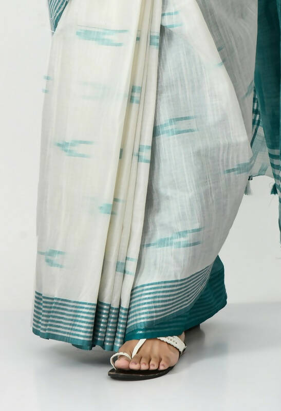 Mominos Fashion Moeza White & Sea Green Bhagalpuri Handloom Ikat Pure Cotton Saree with unstitched Blouse piece | Grocsy