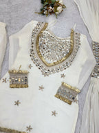 Teeya Creation New Trendy Stylish Real Mirror Work With Lace Border White Kurta Set | Grocsy