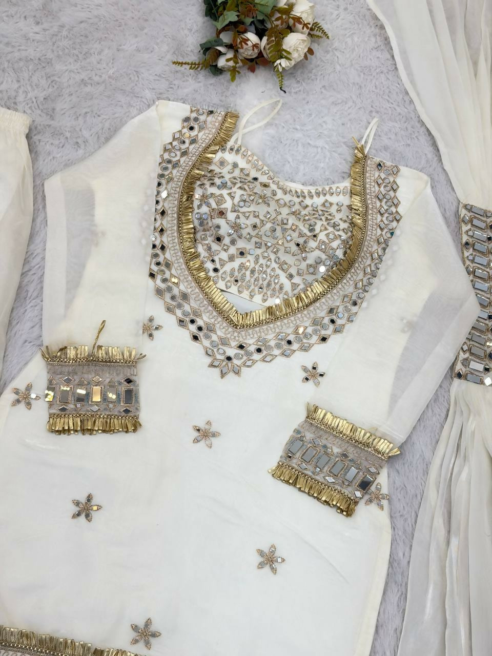 Teeya Creation New Trendy Stylish Real Mirror Work With Lace Border White Kurta Set | Grocsy