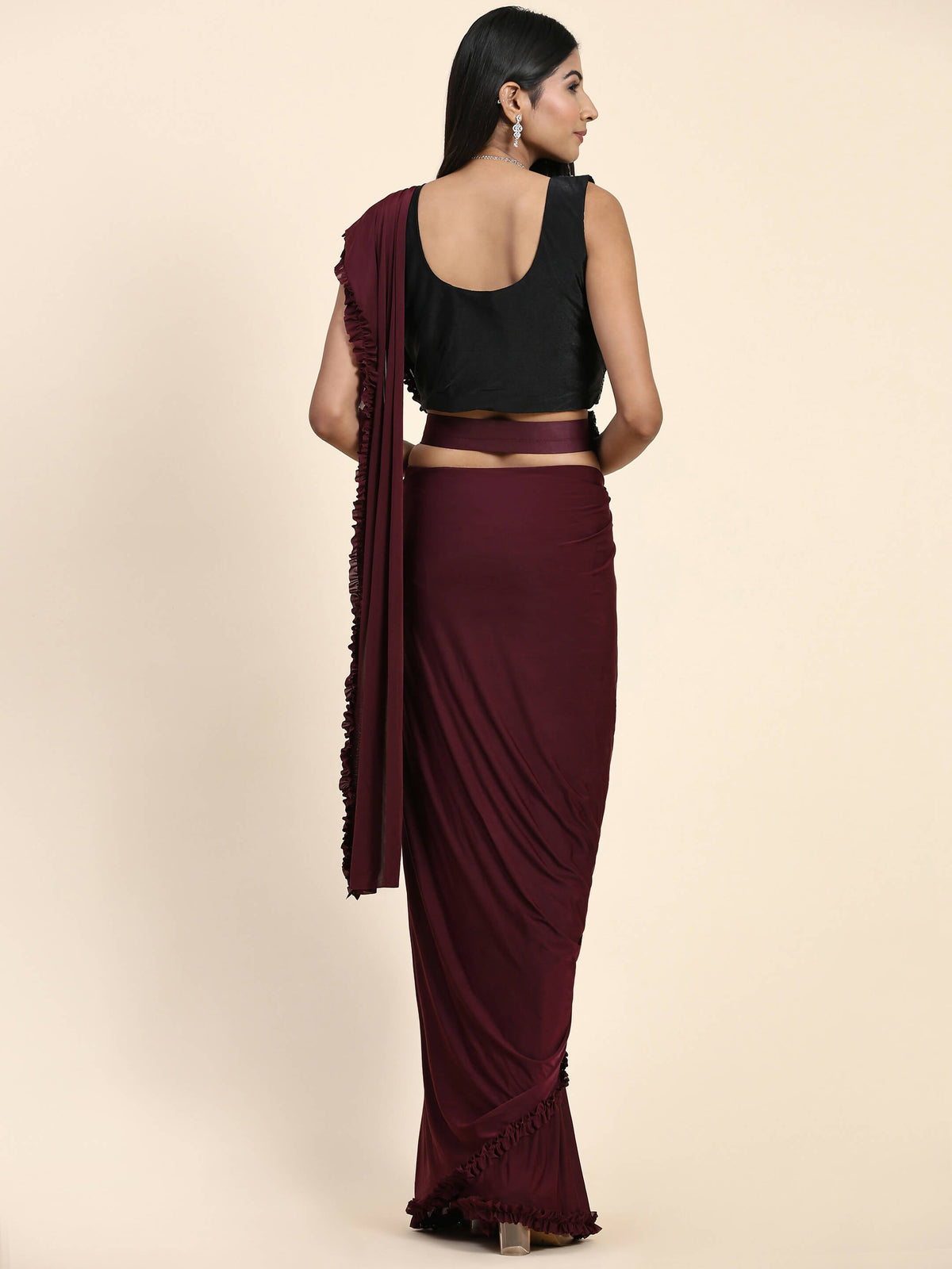 Maroon Imported Fabric Plain Ready to wear Saree with stitched Blouse - Vrinda | Grocsy