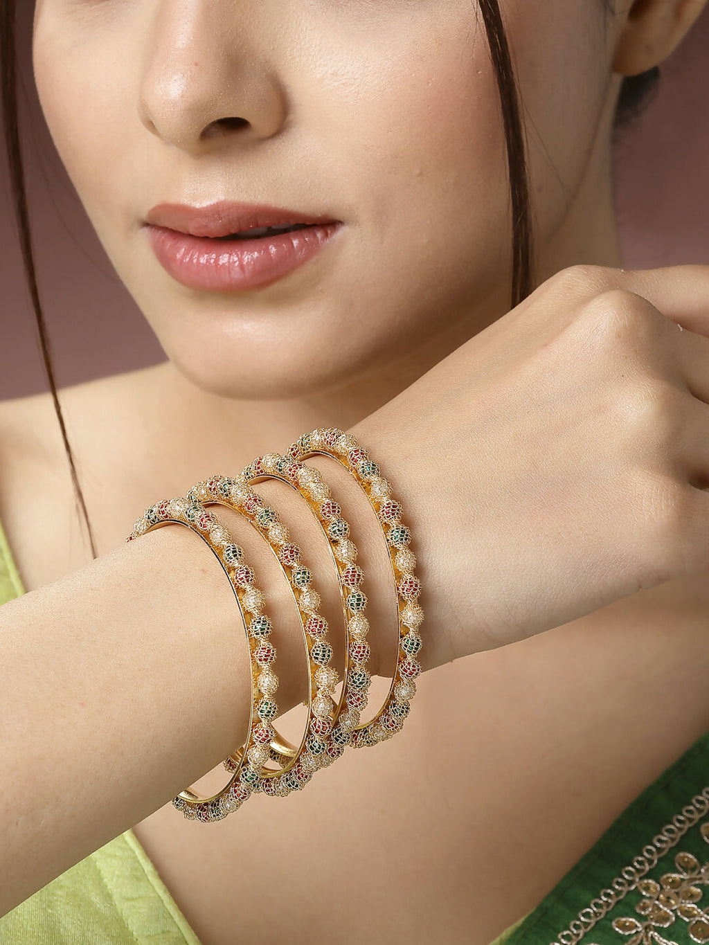 NVR Women's Set of 4 Gold-Polished Beads Handcrafted Traditional Bangles