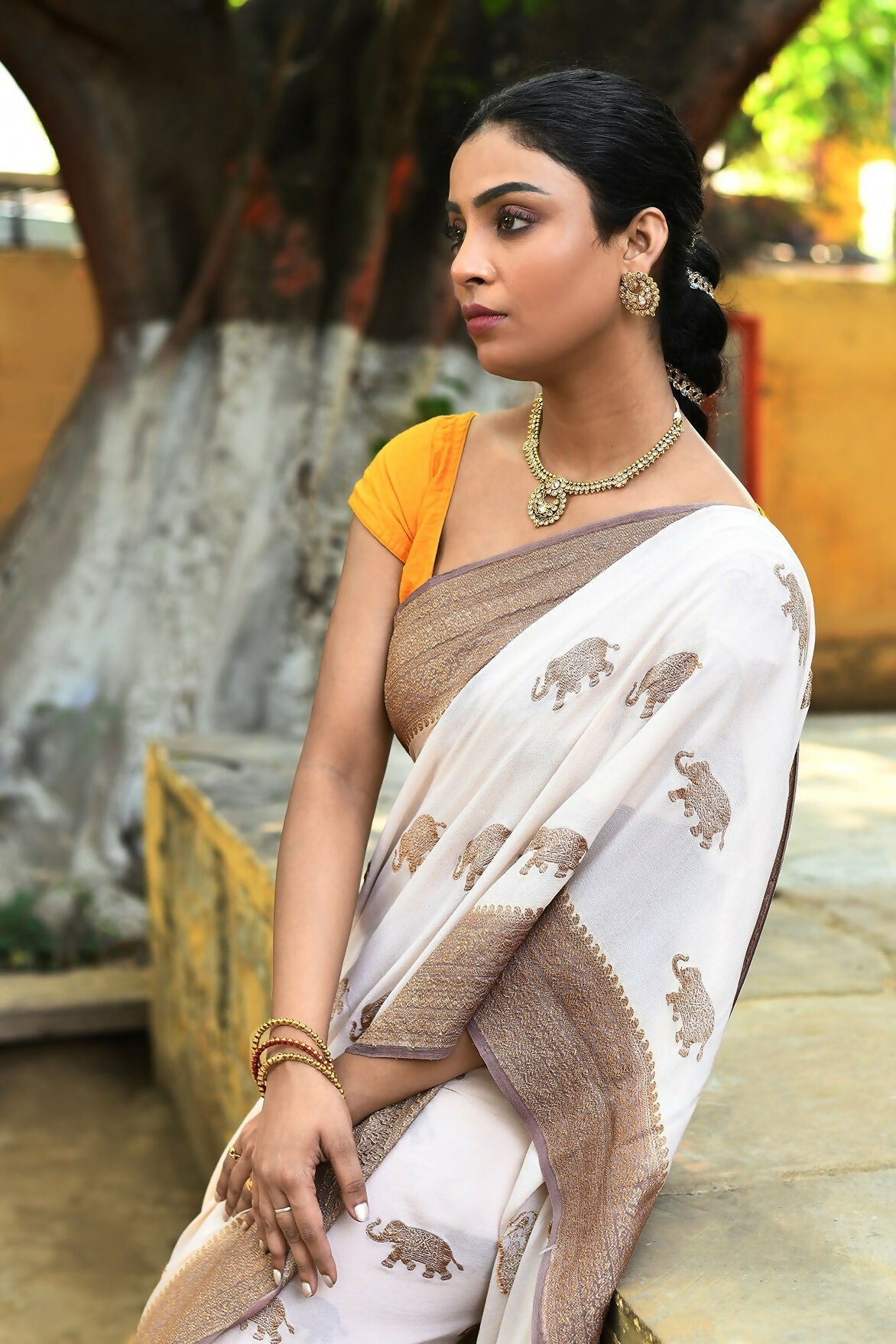 Joban Fashion Ivory Crepe Chiffon Pure Handloom Banarasi Silk Saree | Grocsy