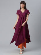 Ahalyaa Women Wine Crepe Glitter Print Kimono Style Kurta With Palazzo | Grocsy