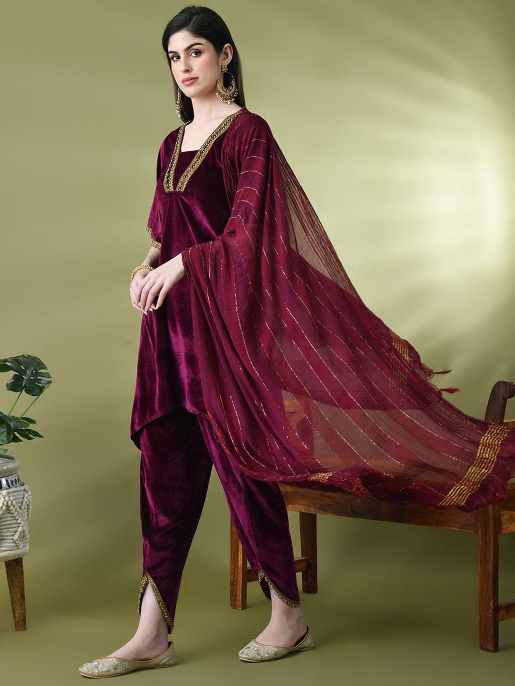 Sangria Yoke Design Velvet Kurta & Dhoti Pants With Dupatta | Grocsy