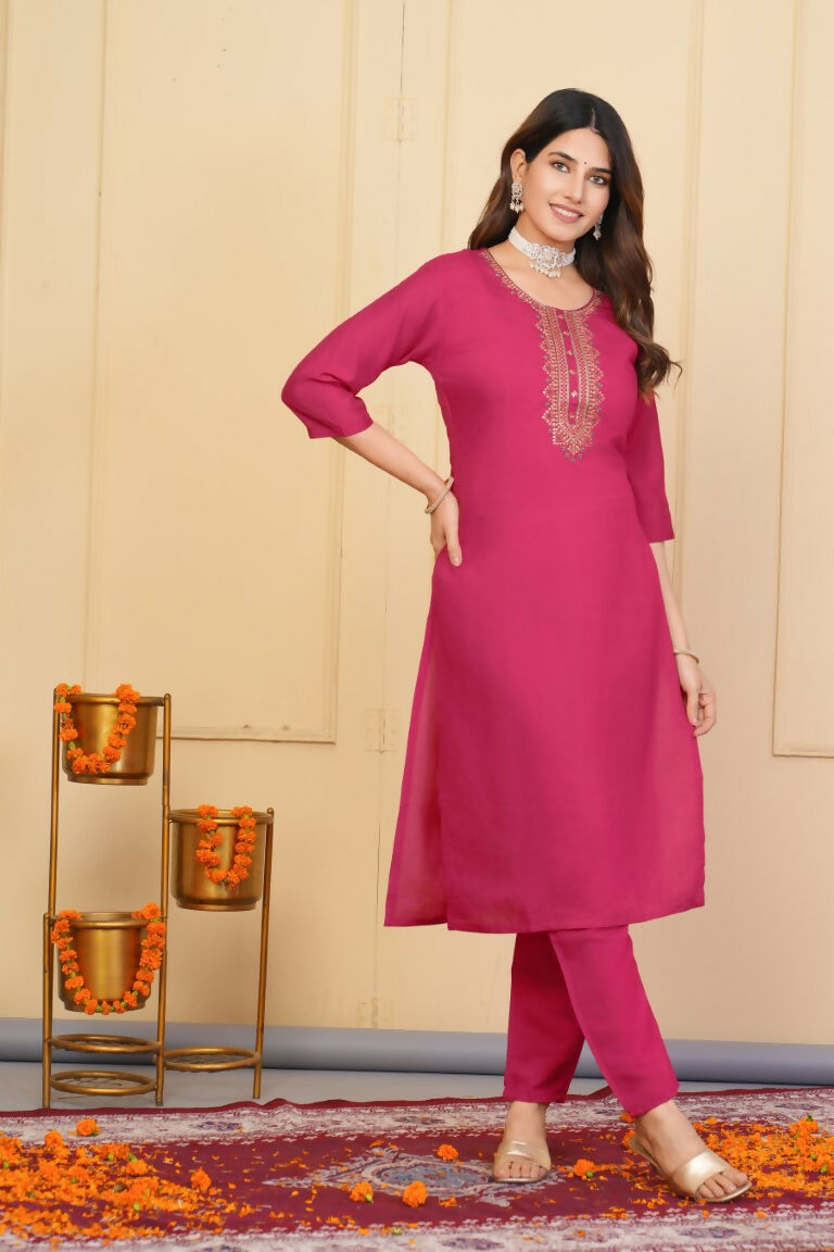 Red Viscose Chanderi Embroidered Stitched Suit With Dupatta - Tanisha | Grocsy