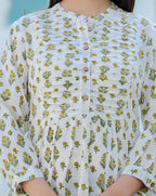 Kaajh Women's Yellow-White Floral Hand Block Printed Cotton Top | Grocsy