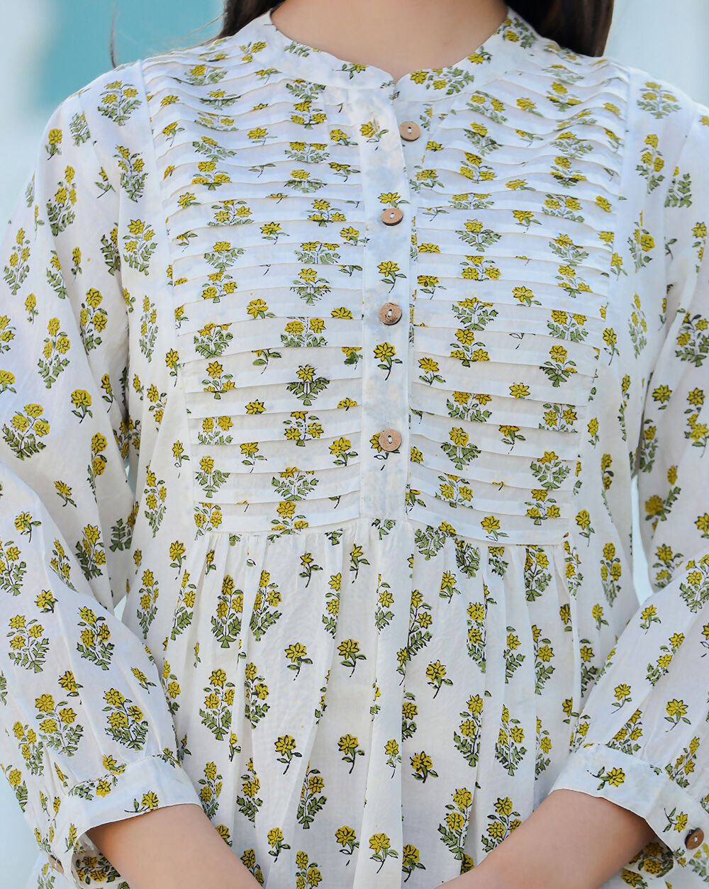 Kaajh Women's Yellow-White Floral Hand Block Printed Cotton Top | Grocsy