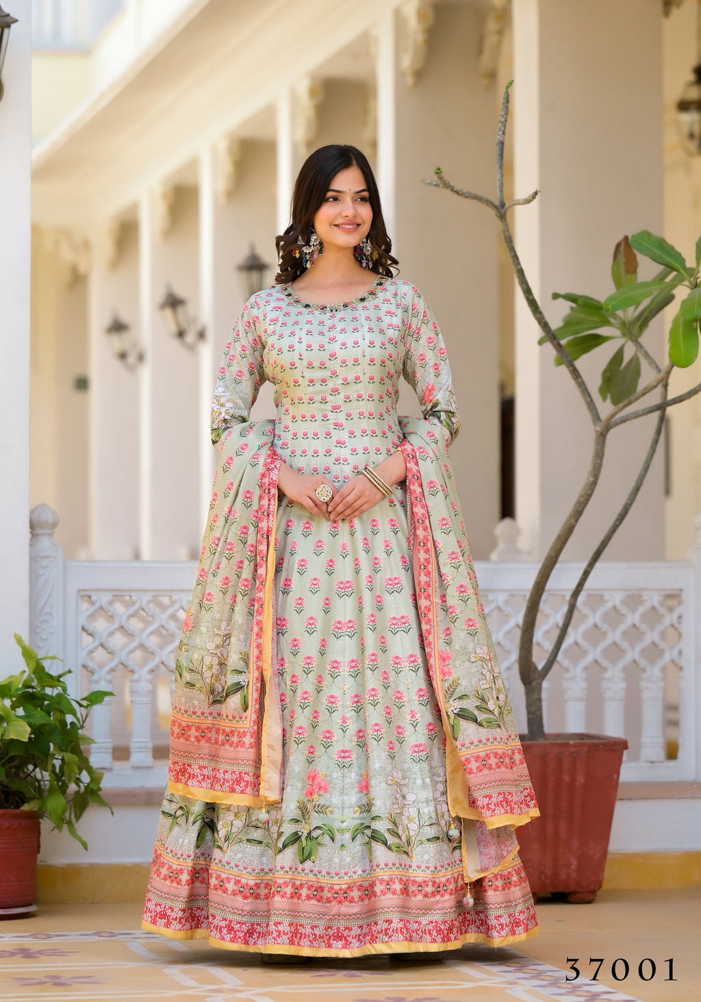 Partywear Designer Pista Dola Silk Anarkali suit with Dupatta - Samyukta | Grocsy