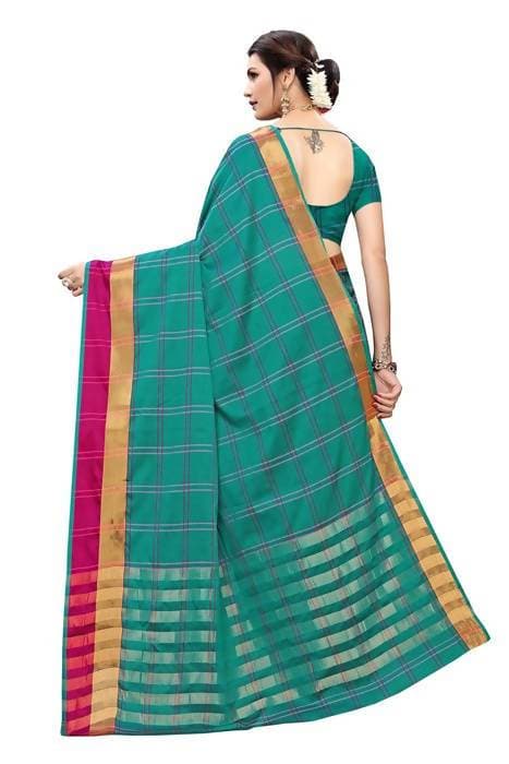 Vamika Rama Cotton Silk Weaving Saree (Rimi Checks Rama) | Grocsy