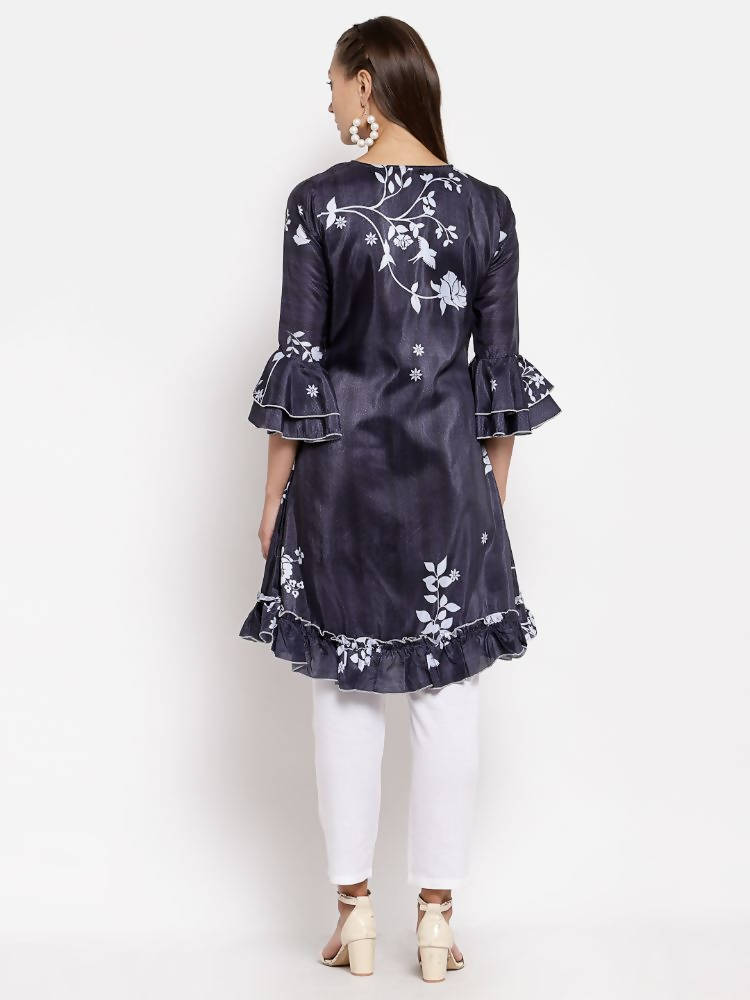 Myshka Women's Black Crep Printed Full Sleeve V Neck Casual Tunic | Grocsy
