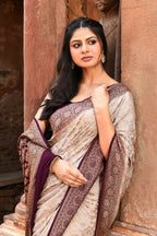 Joban Fashion Nude Grey Crepe Chiffon Pure Handloom Banarasi Silk Saree | Grocsy