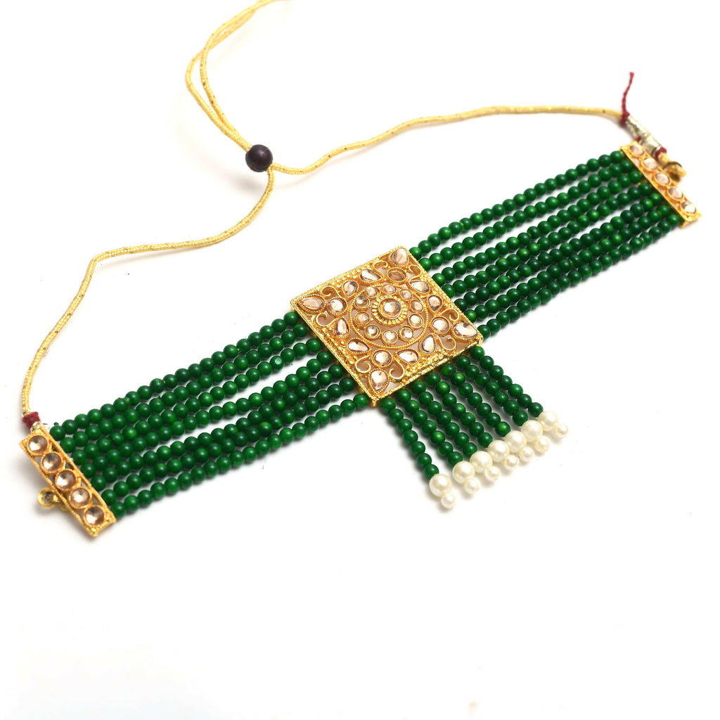 Mominos Fashion Johar Kamal Gold-Polished Kundan & Pearls Necklace Green/Golden Color Choker Set | Grocsy