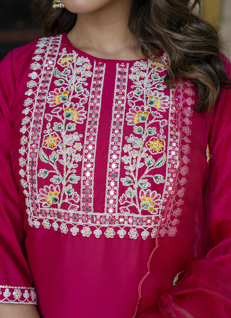 Vellora Rani Rose Silk Blend Embroidery Work Ready Salwar Set | Grocsy