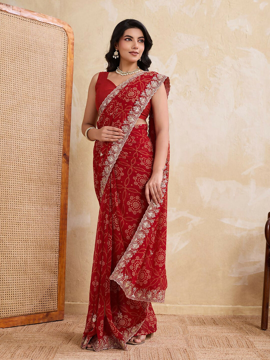 Teeya Creation New Trendy Leheriya Bandhani Georgette Saree For Daily Wear -Red | Grocsy