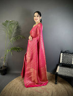 Joban Fashion Rani Pink Floral & Paisley Motifs Soft Satin Silk Banarasi Saree | Grocsy
